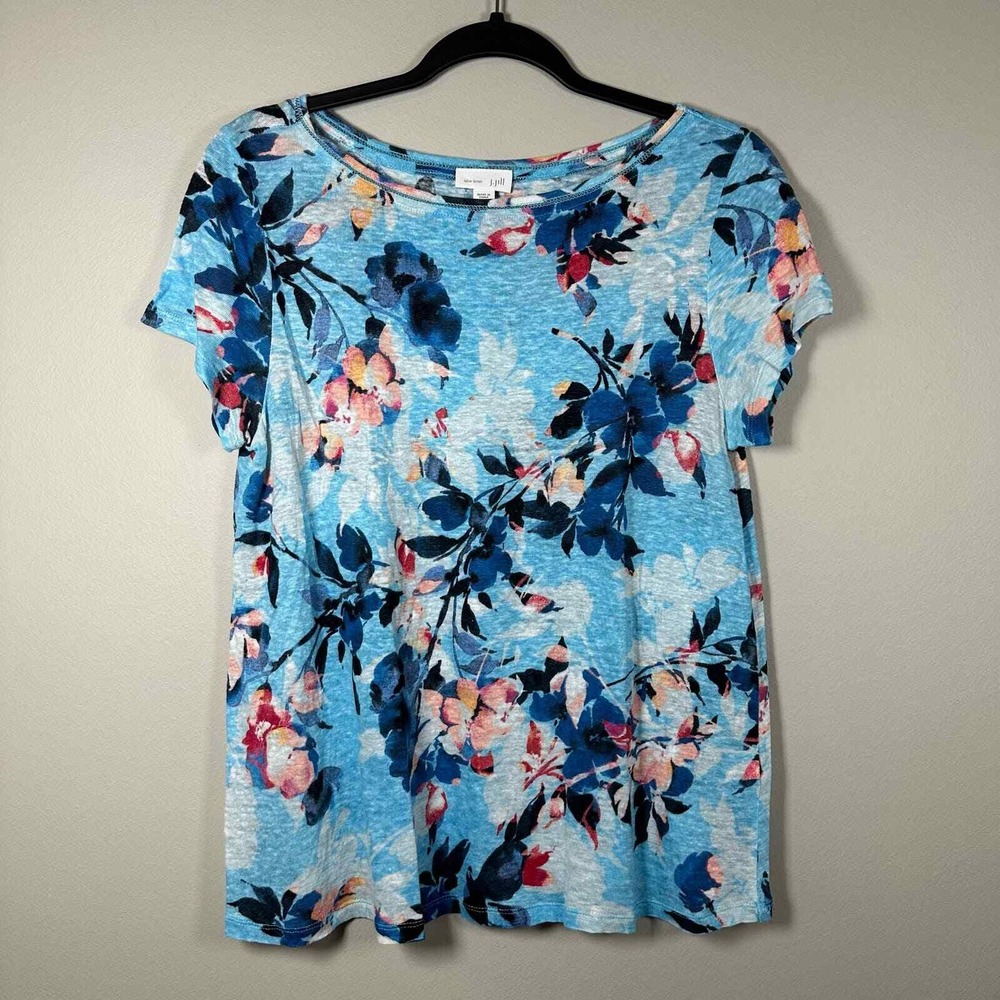 J. Jill Small Top Blue Short Sleeve Floral Love 100% Linen Scoop Neck Slub Tee